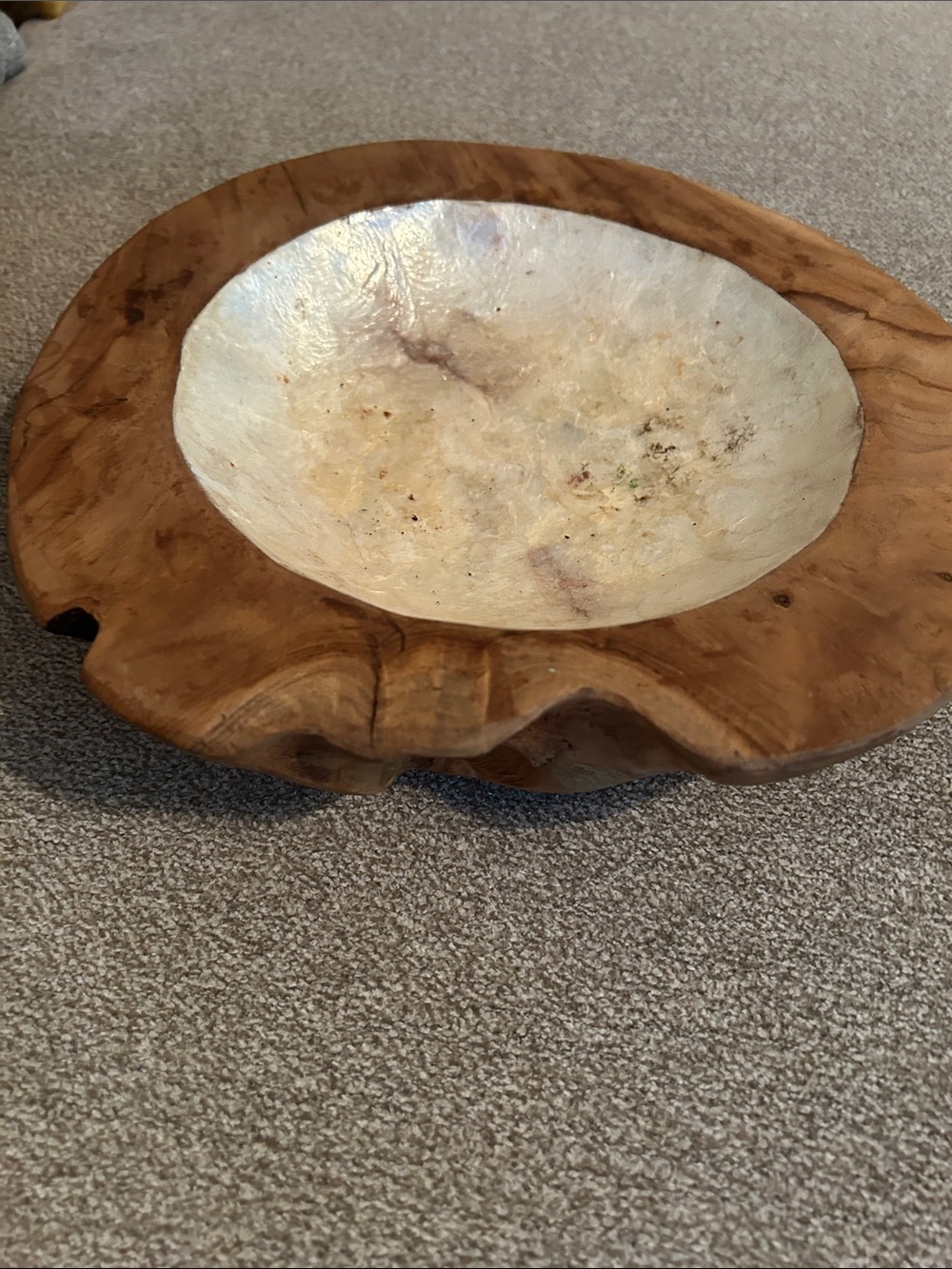 Natural Wood Serving Bowl with Cream Shell Interior